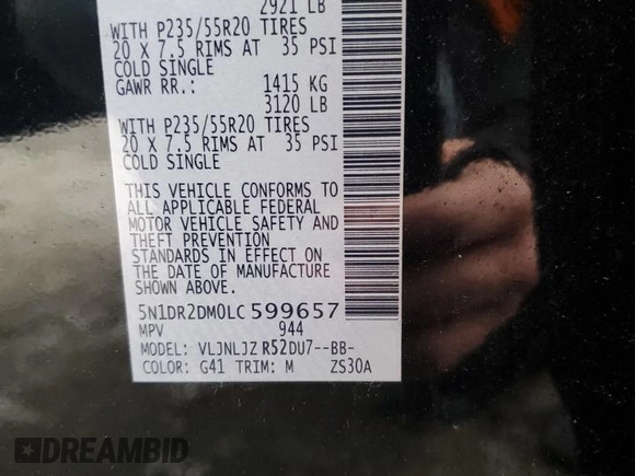 2020 Nissan Pathfinder Platinum with VIN 5N1DR2DM0LC599657, listed as a Copart auction lot 88320685 with Not provided miles and Salvage title. Bid and sale history available at DreamBid. Image 14.