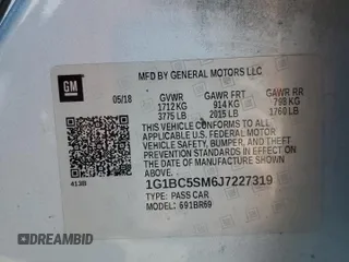 2018 Chevrolet Cruze LS with VIN 1G1BC5SM6J7227319, listed as a Copart auction lot 55156295 with 93,170 mi miles and Salvage Title. Bid and sale history available at DreamBid. Image 12.