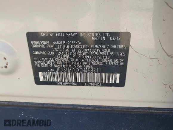 2012 Subaru Forester X Premium z VIN JF2SHADCXCH458311, wystawiony jako IAAI lot #42684870 z przebiegiem 144 960 mil mil oraz . Historia ofert i sprzedaży dostępna na DreamBid. Obrazek 9.