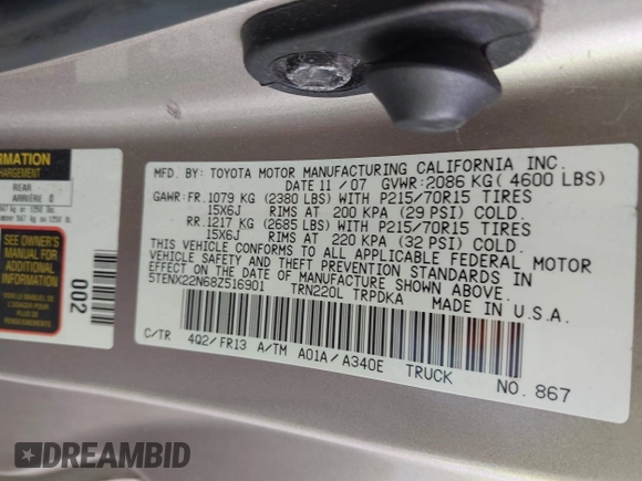 2008 Toyota Tacoma с VIN 5TENX22N68Z516901, выставлен на аукционе IAAI как лот 42359973 с пробегом 283 795 миль миль и . История ставок и продаж доступна на DreamBid. Изображение 9.