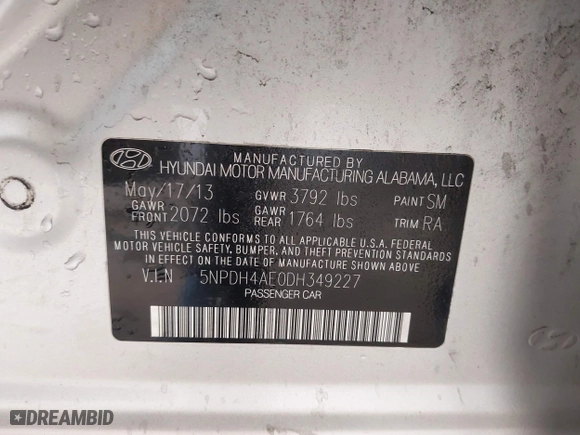 2013 Hyundai Elantra GLS with VIN 5NPDH4AE0DH349227, listed as a IAAI auction lot 41925408 with 142,396 mi miles. Bid and sale history available at carsss.com. Image 9.