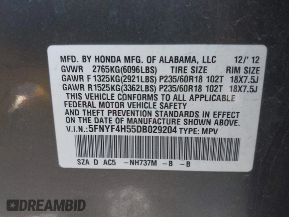 2013 Honda Pilot EX-L with VIN 5FNYF4H55DB029204, listed as a IAAI auction lot 41676566 with 173,213 mi miles. Bid and sale history available at carsss.com. Image 9.
