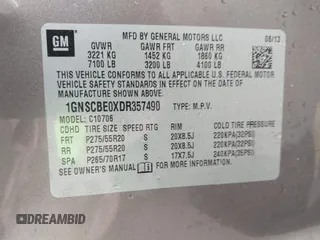 2013 Chevrolet Tahoe LT with VIN 1GNSCBE0XDR357490, listed as a IAAI auction lot 42013034 with Not provided miles and . Bid and sale history available at DreamBid. Image 9.
