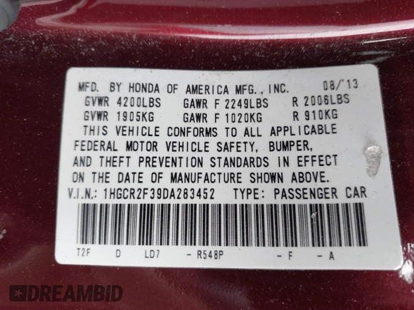 2013 Honda Accord LX z VIN 1HGCR2F39DA283452, wystawiony jako IAAI lot #41600248 z przebiegiem 363 551 mil mil oraz . Historia ofert i sprzedaży dostępna na DreamBid. Obrazek 9.