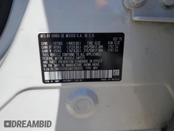 2016 Honda HR-V EX with VIN 3CZRU5H56GM736886, listed as a Copart auction lot 50196685 with 150,373 mi miles and Salvage Title. Bid and sale history available at carsss.com. Image 14.