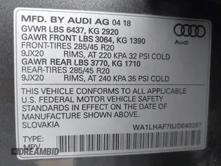 2018 Audi Q7 Premium Plus with VIN WA1LHAF70JD040387, listed as a IAAI auction lot 41087797 with 75,031 mi miles. Bid and sale history available at carsss.com. Image 9.