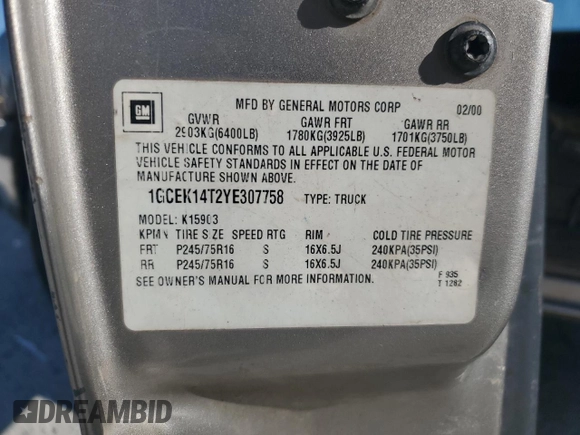 2000 Chevrolet Silverado 1500 with VIN 1GCEK14T2YE307758, listed as a Copart auction lot 76080254 with 296,205 mi miles and Salvage Title. Bid and sale history available at carsss.com. Image 12.