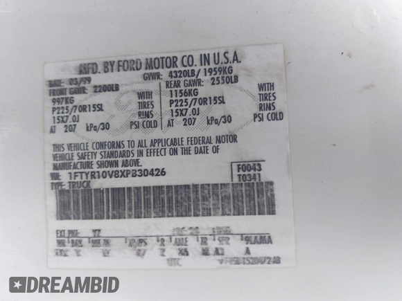 1999 Ford Ranger XL z VIN 1FTYR10V8XPB30426, wystawiony jako IAAI lot #41990831 z przebiegiem 151 866 mil mil oraz . Historia ofert i sprzedaży dostępna na DreamBid. Obrazek 9.