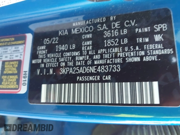 2022 Kia Rio S with VIN 3KPA25AD6NE483733, listed as a IAAI auction lot 41850498 with 50,035 mi miles and . Bid and sale history available at DreamBid. Image 9.