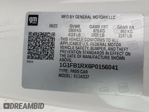 2023 Chevrolet Camaro 1LT с VIN 1G1FB1RX6P0156041, выставлен на аукционе Copart как лот 51530455 с пробегом 30 106 миль миль и Списание • Salvage title. История ставок и продаж доступна на DreamBid. Изображение 14.
