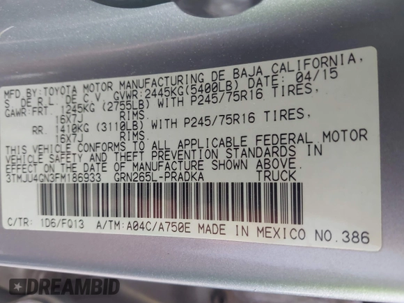 2015 Toyota Tacoma PreRunner with VIN 3TMJU4GN3FM186933, listed as a IAAI auction lot 42105924 with 362,965 mi miles and . Bid and sale history available at DreamBid. Image 9.