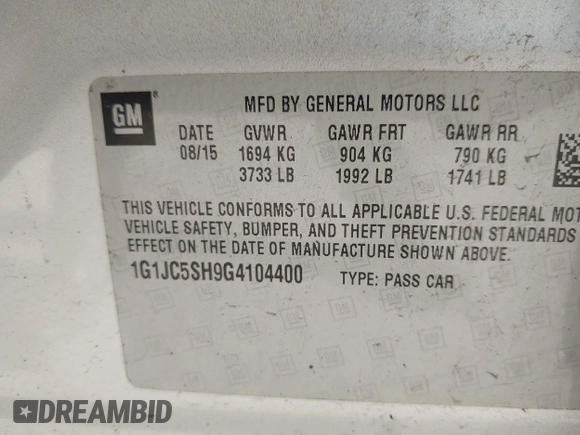 2016 Chevrolet Sonic LT z VIN 1G1JC5SH9G4104400, wystawiony jako IAAI lot #42328745 z przebiegiem 153 643 mil mil oraz . Historia ofert i sprzedaży dostępna na DreamBid. Obrazek 9.