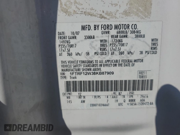 2008 Ford F-150 XL with VIN 1FTRF12W38KB87909, listed as a Copart auction lot 85269244 with 90,516 mi miles and Clean title. Bid and sale history available at DreamBid. Image 12.