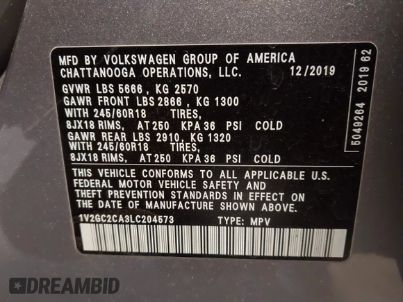 2020 Volkswagen Atlas S z VIN 1V2GC2CA3LC204573, wystawiony jako IAAI lot #41379069 z przebiegiem 37 213 mil mil oraz . Historia ofert i sprzedaży dostępna na DreamBid. Obrazek 9.