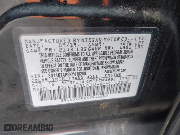 2019 Nissan Sentra SV z VIN 3N1AB7AP6KY416200, wystawiony jako IAAI lot #42264667 z przebiegiem 105 066 mil mil oraz . Historia ofert i sprzedaży dostępna na DreamBid. Obrazek 9.