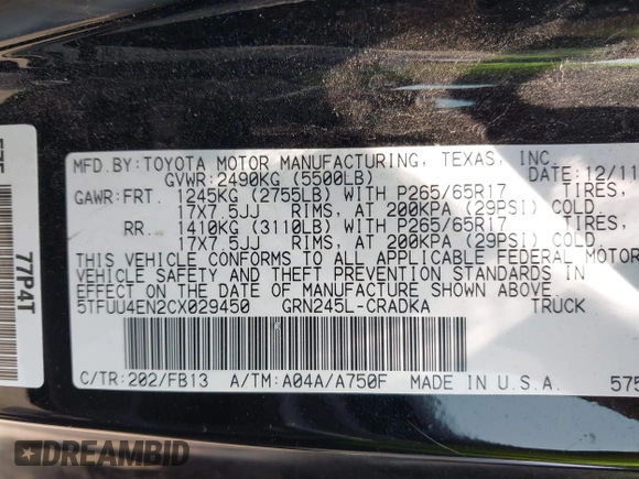 2012 Toyota Tacoma z VIN 5TFUU4EN2CX029450, wystawiony jako IAAI lot #42416155 z przebiegiem 171 711 mil mil oraz . Historia ofert i sprzedaży dostępna na DreamBid. Obrazek 9.