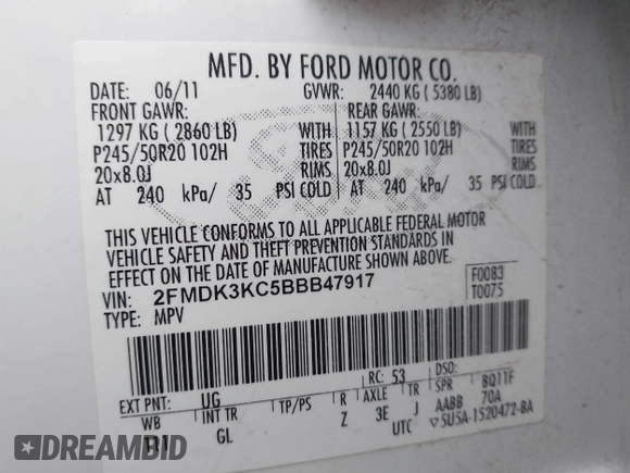 2011 Ford Edge Limited с VIN 2FMDK3KC5BBB47917, выставлен на аукционе IAAI как лот 42213267 с пробегом 165 847 миль миль и . История ставок и продаж доступна на DreamBid. Изображение 9.