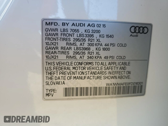 2015 Audi Q7 3.0L TDI Prestige with VIN WA1WMAFE0FD016301, listed as a Copart auction lot 46296335 with 86,984 mi miles and Salvage Title. Bid and sale history available at carsss.com. Image 15.