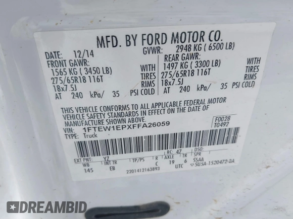 2015 Ford F-150 XLT with VIN 1FTEW1EPXFFA26059, listed as a IAAI auction lot 41348308 with 148,499 mi miles. Bid and sale history available at carsss.com. Image 9.