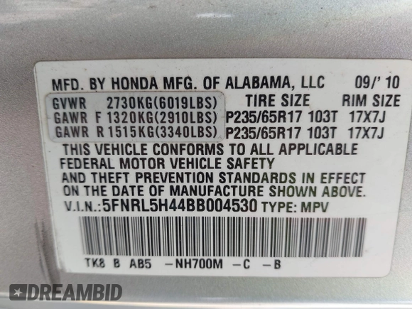 2011 Honda Odyssey EX с VIN 5FNRL5H44BB004530, выставлен на аукционе IAAI как лот 42450443 с пробегом 238 945 миль миль и . История ставок и продаж доступна на DreamBid. Изображение 9.