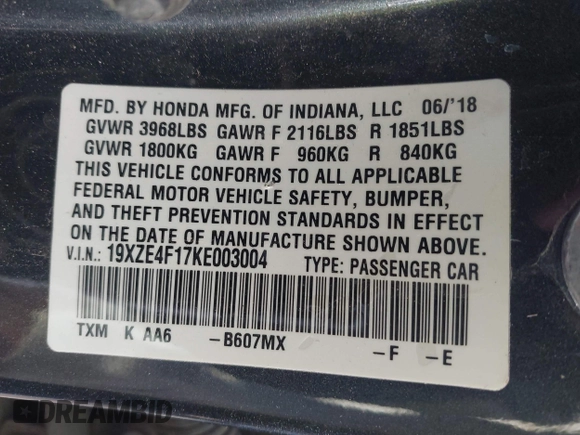 2019 Honda Insight LX z VIN 19XZE4F17KE003004, wystawiony jako IAAI lot #41657707 z przebiegiem 110 875 mil mil oraz . Historia ofert i sprzedaży dostępna na DreamBid. Obrazek 9.