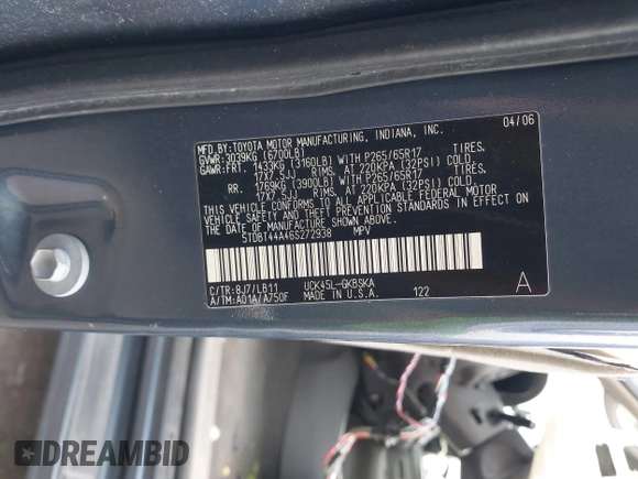 2006 Toyota Sequoia SR5 with VIN 5TDBT44A46S272938, listed as a IAAI auction lot 40974081 with 250,478 mi miles and . Bid and sale history available at DreamBid. Image 9.