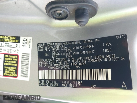 2015 Toyota Sienna XLE with VIN 5TDYK3DC9FS610925, listed as a IAAI auction lot 42022267 with 153,997 mi miles. Bid and sale history available at carsss.com. Image 9.
