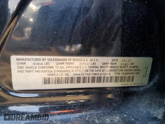 2008 Volkswagen Jetta Sedan S with VIN 3VWJZ71K78M107264, listed as a Copart auction lot 42168755 with 135,979 mi miles and Salvage Title. Bid and sale history available at carsss.com. Image 12.