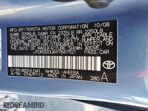 2009 Toyota Prius with VIN JTDKB20U697847921, listed as a Copart auction lot 54838345 with Not Provided miles and Clean Title. Bid and sale history available at carsss.com. Image 12.