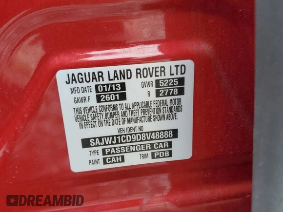 2013 Jaguar XJ with VIN SAJWJ1CD9D8V48888, listed as a Copart auction lot 62272685 with 166,533 mi miles and Clean title. Bid and sale history available at DreamBid. Image 12.