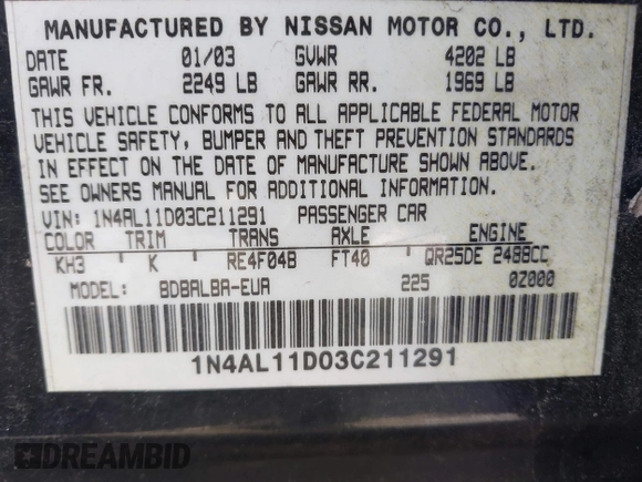 2003 Nissan Altima S z VIN 1N4AL11D03C211291, wystawiony jako IAAI lot #42205785 z przebiegiem 195 166 mil mil oraz . Historia ofert i sprzedaży dostępna na DreamBid. Obrazek 9.