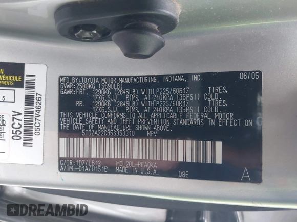 2005 Toyota Sienna XLE with VIN 5TDZA22C85S353310, listed as a IAAI auction lot 41546218 with 158,566 mi miles. Bid and sale history available at carsss.com. Image 9.