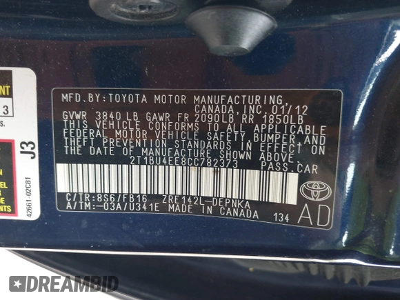 2012 Toyota Corolla L with VIN 2T1BU4EE8CC782373, listed as a IAAI auction lot 42048692 with 153,151 mi miles. Bid and sale history available at carsss.com. Image 9.