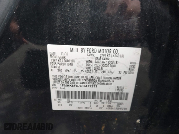 2012 Ford Explorer Limited with VIN 1FMHK8F87CGA72233, listed as a IAAI auction lot 41989112 with 185,027 mi miles and . Bid and sale history available at DreamBid. Image 9.