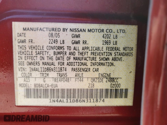 2006 Nissan Altima 2.5 S with VIN 1N4AL11D86N311874, listed as a Copart auction lot 48122005 with 109,223 mi miles and Non Repairable. Bid and sale history available at carsss.com. Image 12.