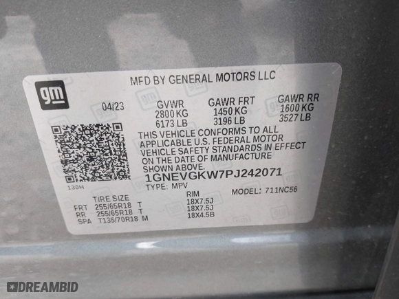 2023 Chevrolet Traverse LT Cloth with VIN 1GNEVGKW7PJ242071, listed as a IAAI auction lot 41799940 with 46,698 mi miles. Bid and sale history available at carsss.com. Image 9.
