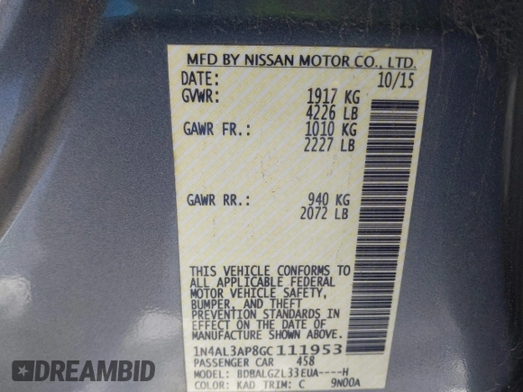 2016 Nissan Altima S with VIN 1N4AL3AP8GC111953, listed as a IAAI auction lot 41588139 with 121,701 mi miles and . Bid and sale history available at DreamBid. Image 9.