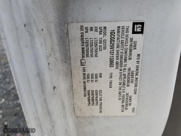 2003 Chevrolet Express Cargo Van with VIN 1GCGG29V131130663, listed as a Copart auction lot 84703514 with 221,120 mi miles and Salvage Title. Bid and sale history available at carsss.com. Image 12.