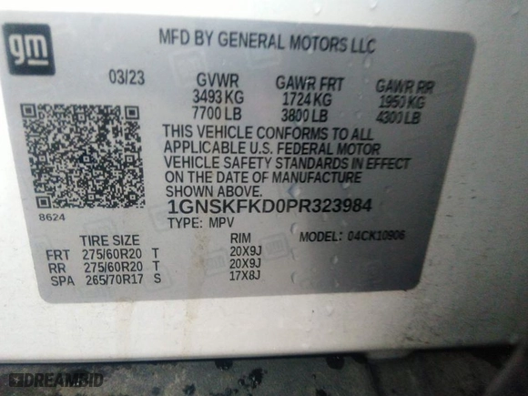 2023 Chevrolet Suburban Premier with VIN 1GNSKFKD0PR323984, listed as a IAAI auction lot 37324712 with 13,315 mi miles. Bid and sale history available at carsss.com. Image 9.
