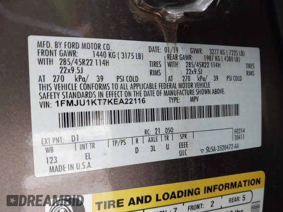2019 Ford Expedition Limited with VIN 1FMJU1KT7KEA22116, listed as a IAAI auction lot 42276020 with 104,557 mi miles and . Bid and sale history available at DreamBid. Image 9.