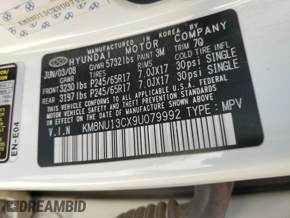 2009 Hyundai Veracruz Limited with VIN KM8NU13CX9U079992, listed as a Copart auction lot 78777974 with 180,289 mi miles and Salvage title. Bid and sale history available at DreamBid. Image 16.