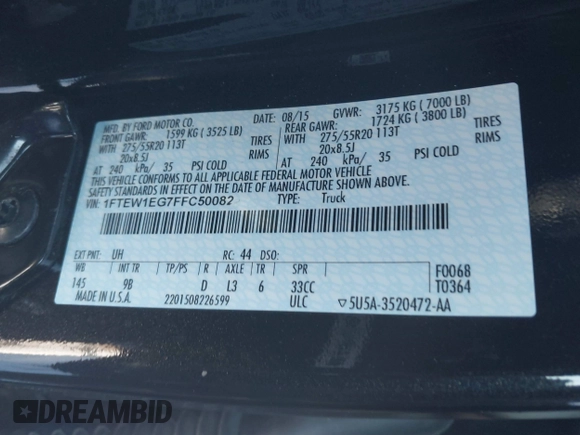 2015 Ford F-150 XLT with VIN 1FTEW1EG7FFC50082, listed as a IAAI auction lot 41288660 with 59,118 mi miles. Bid and sale history available at carsss.com. Image 9.