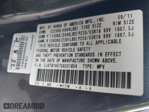2012 Acura RDX Technology with VIN 5J8TB1H57CA001854, listed as a IAAI auction lot 42741403 with 169,834 mi miles and . Bid and sale history available at DreamBid. Image 9.