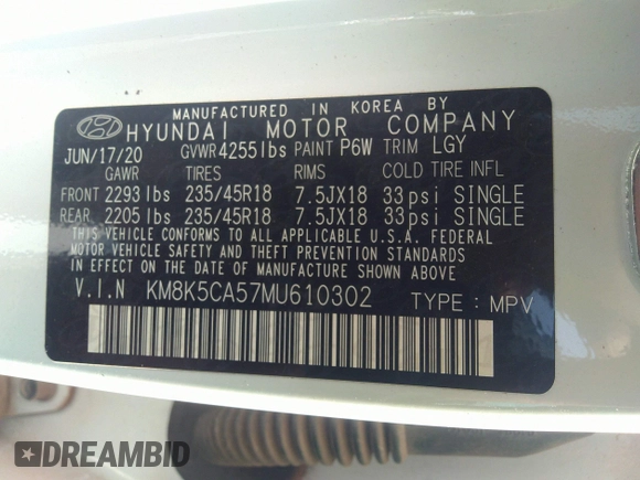 2021 Hyundai Kona Ultimate with VIN KM8K5CA57MU610302, listed as a IAAI auction lot 36878990 with 5,985 mi miles. Bid and sale history available at carsss.com. Image 9.