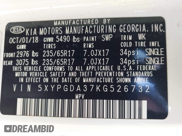 2019 Kia Sorento LX with VIN 5XYPGDA37KG526732, listed as a IAAI auction lot 41708039 with 75,963 mi miles. Bid and sale history available at carsss.com. Image 9.