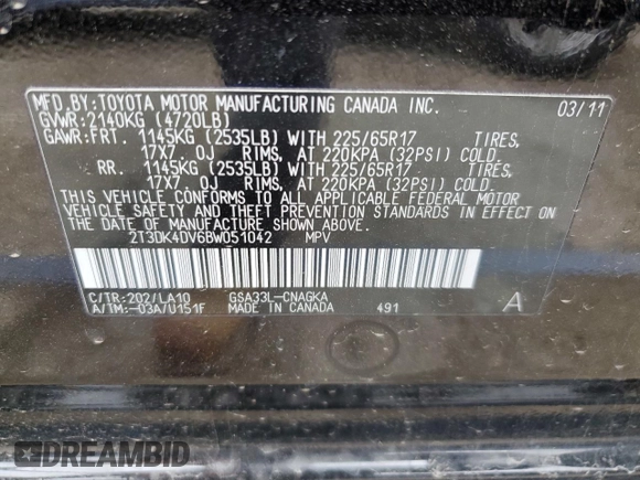 2011 Toyota RAV4 Ltd with VIN 2T3DK4DV6BW051042, listed as a Copart auction lot 50920775 with 57,574 mi miles and Salvage Title. Bid and sale history available at carsss.com. Image 13.