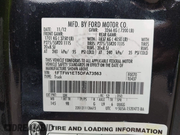 2013 Ford F-150 XL with VIN 1FTFW1ET5DFA73563, listed as a IAAI auction lot 42124436 with 239,667 mi miles. Bid and sale history available at carsss.com. Image 9.