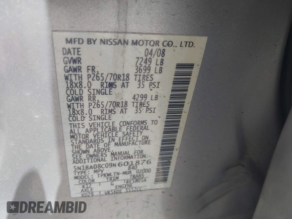 2009 Nissan Armada LE z VIN 5N1BA08C09N601876, wystawiony jako IAAI lot #42196727 z przebiegiem 247 253 mil mil oraz . Historia ofert i sprzedaży dostępna na DreamBid. Obrazek 9.