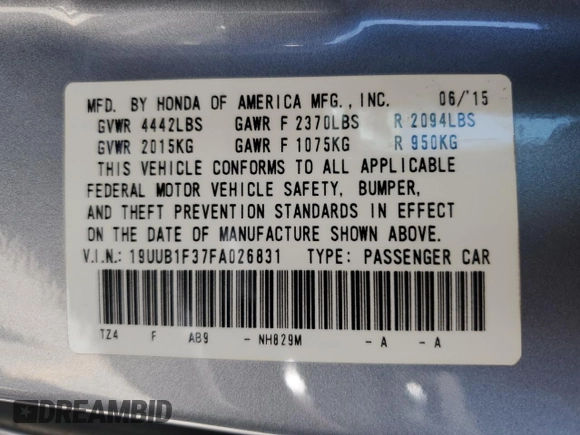 2015 Acura TLX with VIN 19UUB1F37FA026831, listed as a Copart auction lot 58737345 with 113,436 mi miles and Salvage title. Bid and sale history available at DreamBid. Image 12.