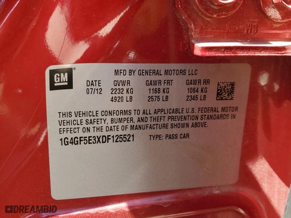 2013 Buick LaCrosse Premium 1 with VIN 1G4GF5E3XDF125521, listed as a Copart auction lot 47857015 with 90,429 mi miles and Salvage Title. Bid and sale history available at carsss.com. Image 14.